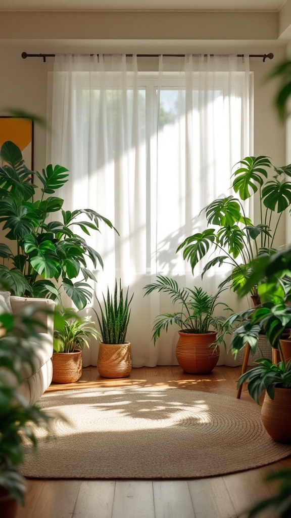 Bright indoor plants in an 80s living room with natural light and a cozy rug.