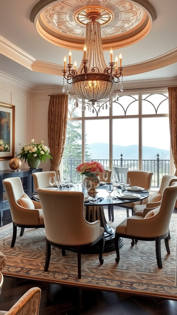 Elegant modern farmhouse dining room with a chandelier and grey upholstered chairs.