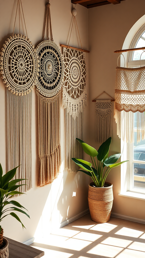 A collection of macramé wall hangings in a bright room with plants