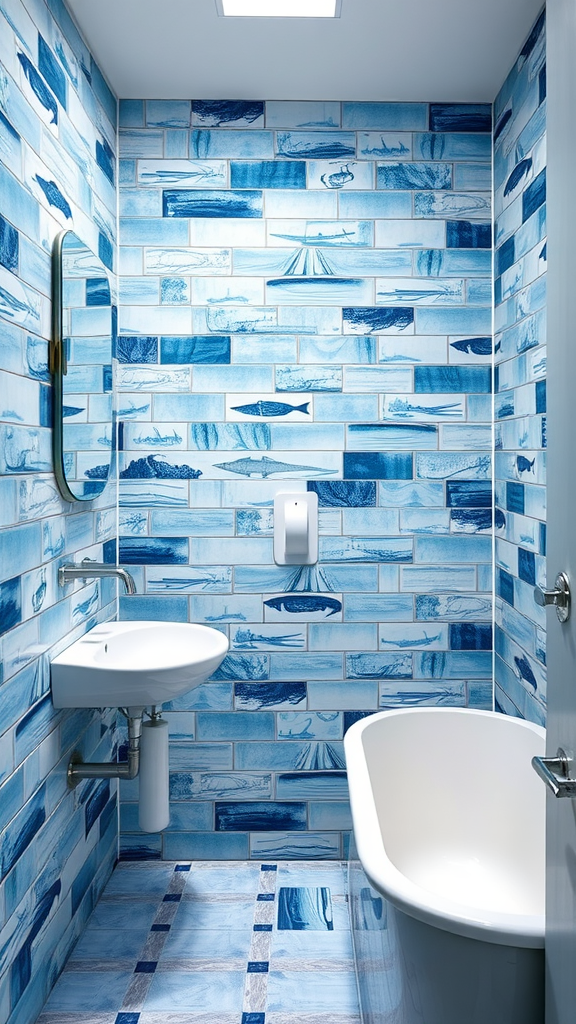 Bathroom with marine-inspired blue tiles featuring nautical designs