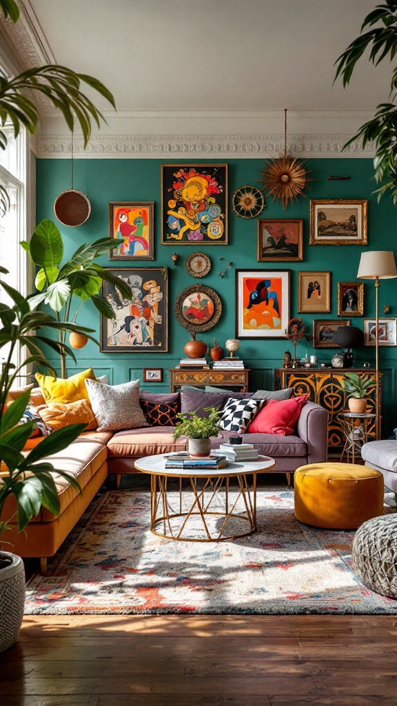 A vibrant 80s living room featuring bold colors, eclectic art, and a cozy seating arrangement.