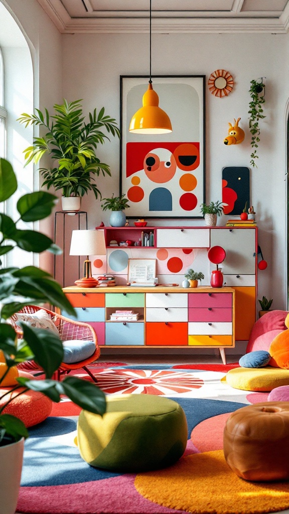 Colorful living room with Memphis design elements, featuring bright furniture and playful decor.