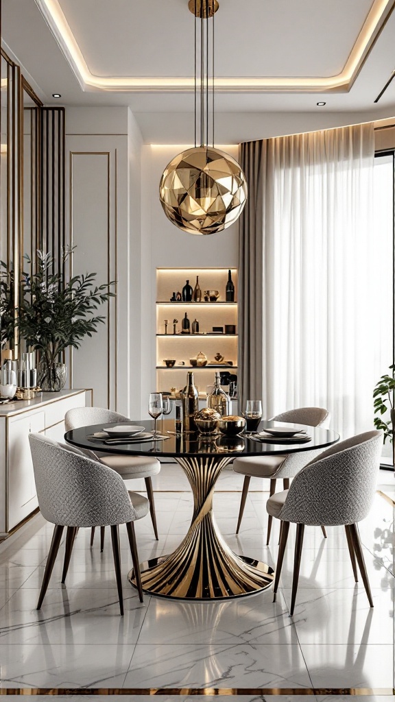 Elegant restaurant interior with metallic accents and modern decor.