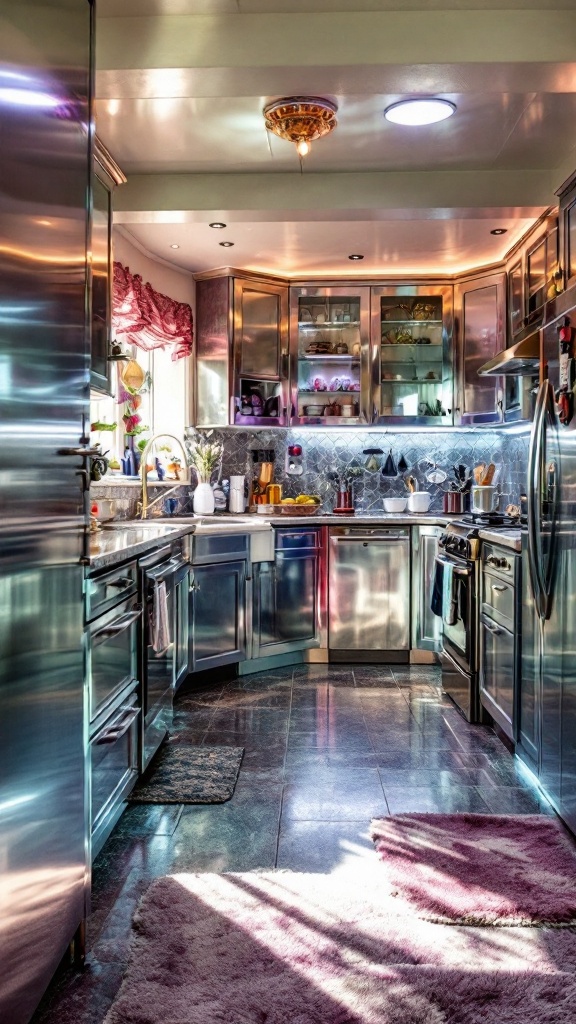 Stylish kitchen with metallic finishes and 80s decor elements.