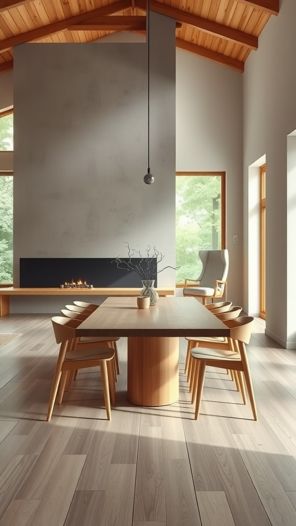 A minimalist rustic dining room featuring a wooden table, cozy chairs, and a fireplace.