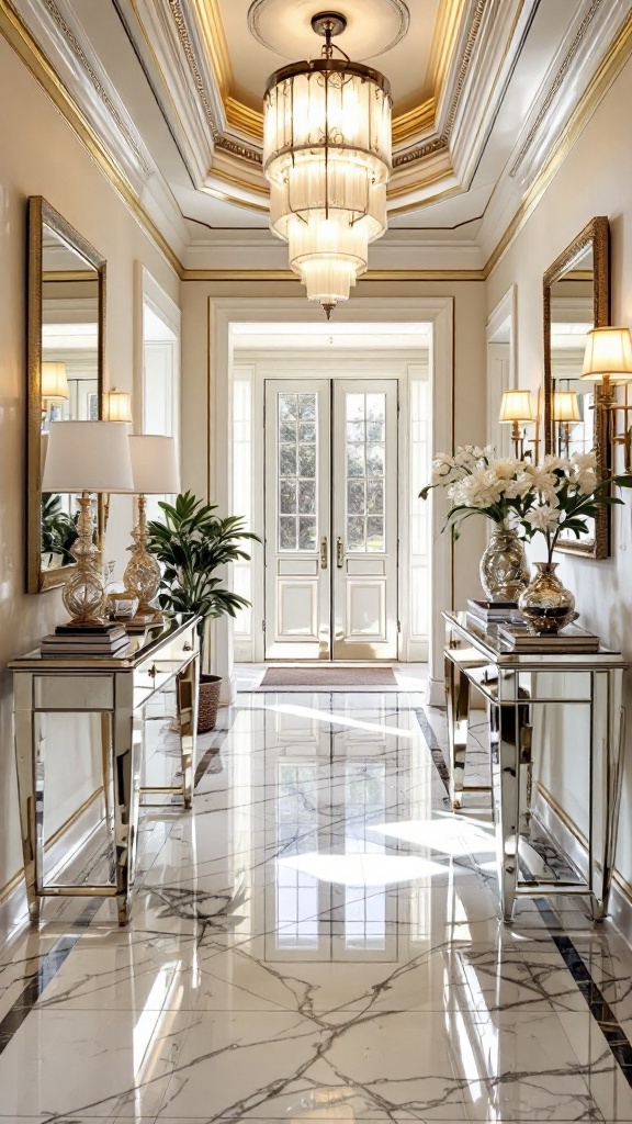 An elegant hallway featuring mirrored tables, a large chandelier, and stylish decor in a luxurious setting.