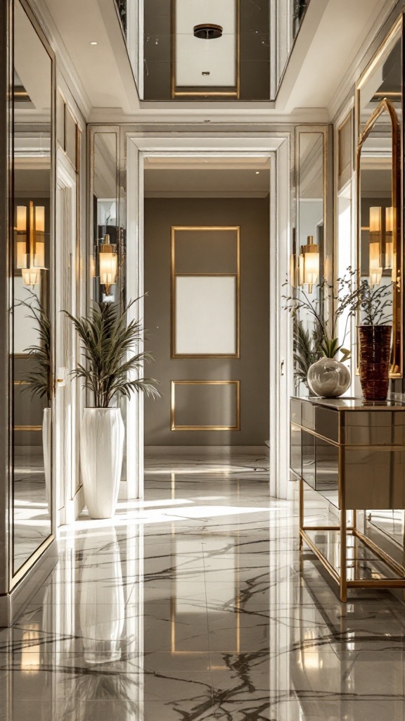 A stylish hallway with mirrored surfaces and elegant decor.