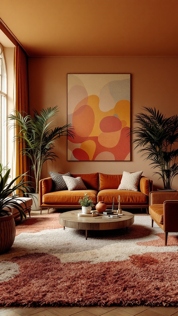 A cozy 80s living room featuring mixed textures with a shag rug, orange sofa, and vibrant artwork.