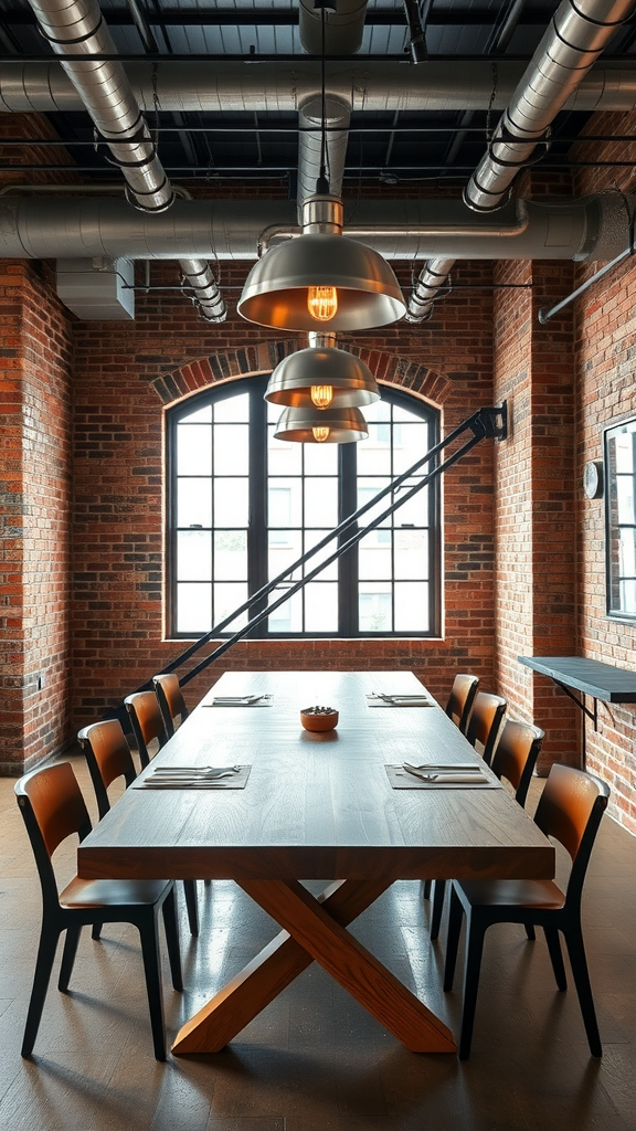 A modern industrial dining room featuring a large wooden table and grey upholstered chairs.