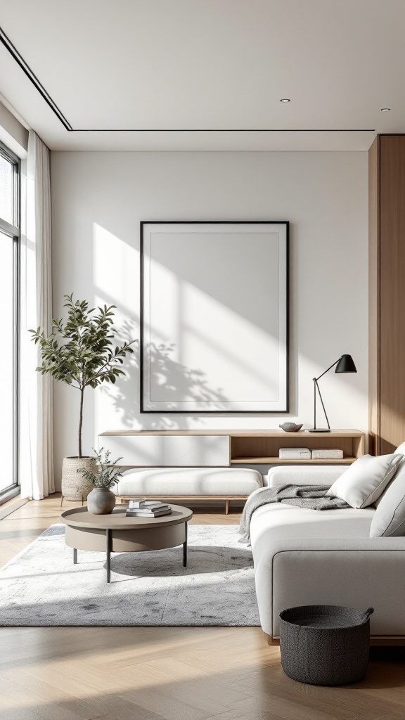 A bright and airy modern minimalist living room with a cream sectional and light wood accents.