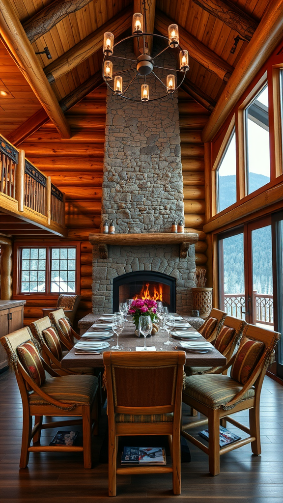 Rustic dining room with a stone fireplace and wooden decor.