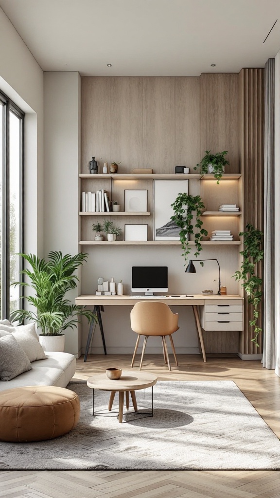 A modern rustic living room featuring a desk, plants, and cozy seating.