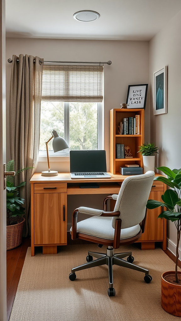 Cozy home office setup with a small desk, comfortable chair, and plants.