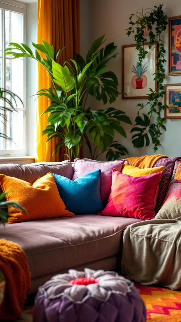 A colorful living room with a sofa adorned with various throw pillows, showcasing a vibrant 80s aesthetic.