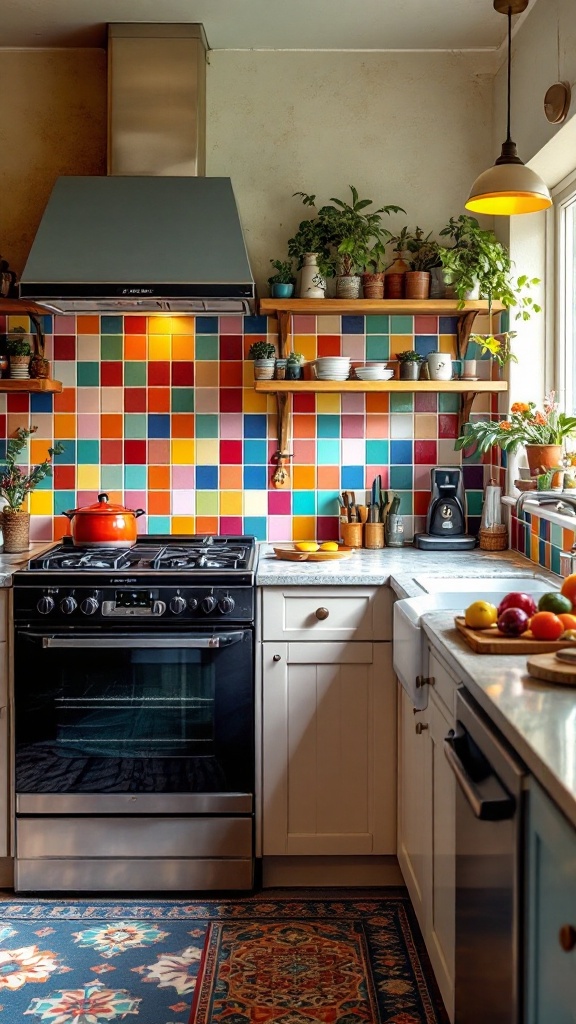 Colorful tile backsplash in a kitchen with plants and modern appliances.