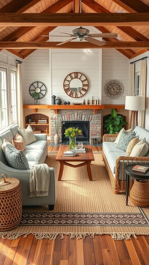 Cozy living room with natural fiber rugs, featuring Cape Cod style decor.