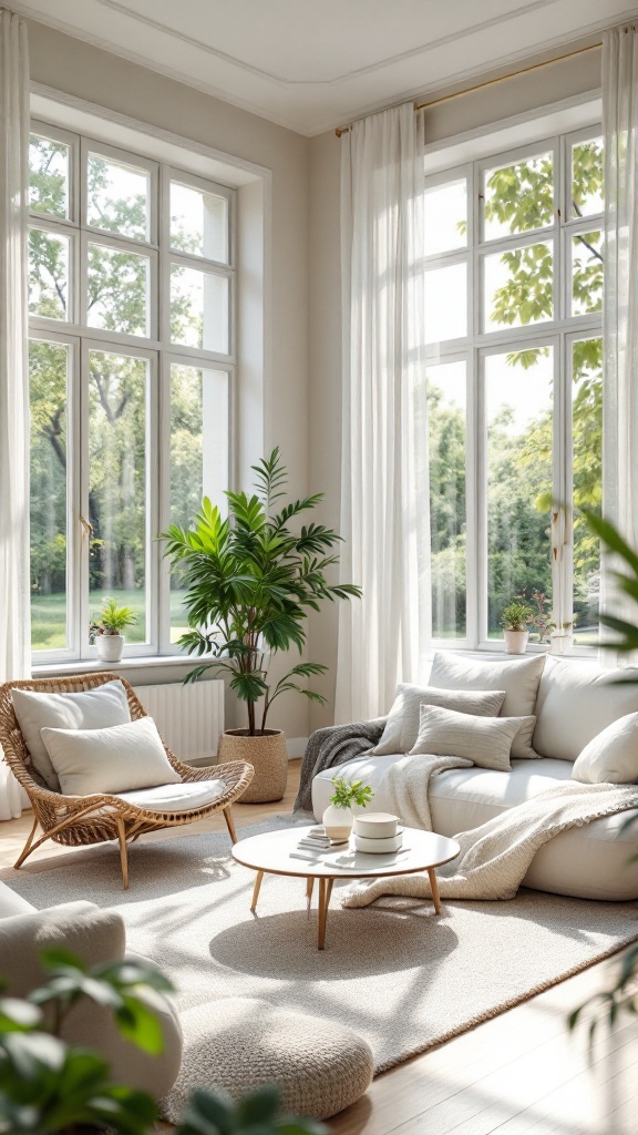 A bright and airy living room with large windows and natural light, featuring comfortable seating and plants.