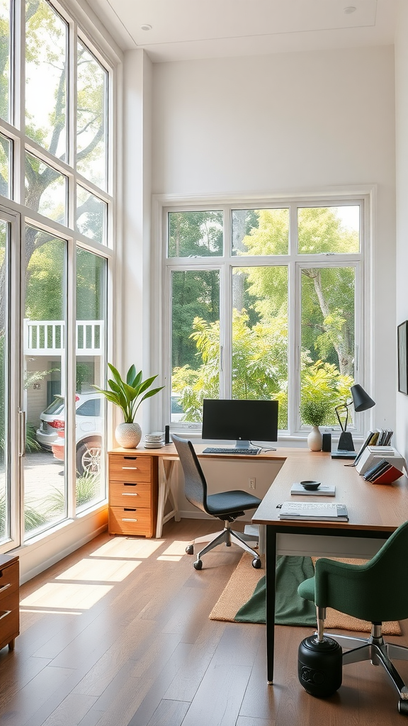 Bright and airy small home office with large windows and a simple desk setup.