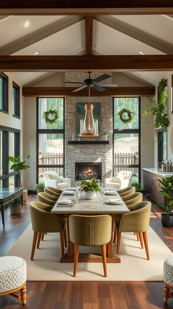 A cozy rustic dining room featuring a large wooden table, green upholstered chairs, and a home fireplace.