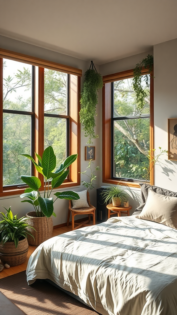 A bright bedroom with large windows and several indoor plants, featuring soft bedding and wooden accents.