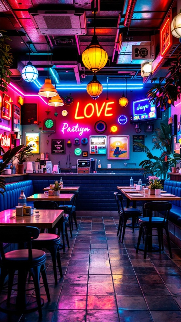 A vibrant interior with neon lights and retro decor.