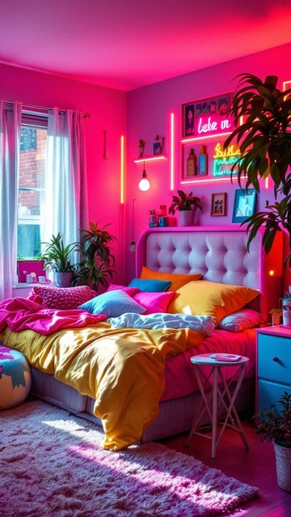 A vibrant bedroom featuring neon accents, colorful bedding, and plants, embodying 80s modern home decor.