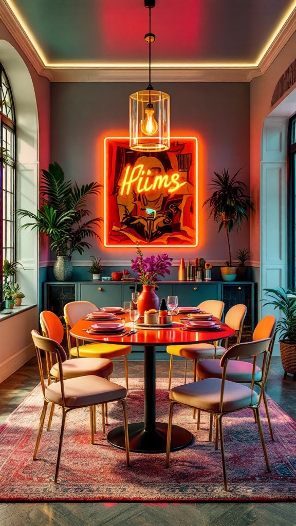 A dining area with neon accents, featuring a round table and colorful chairs in an 80s decor style.