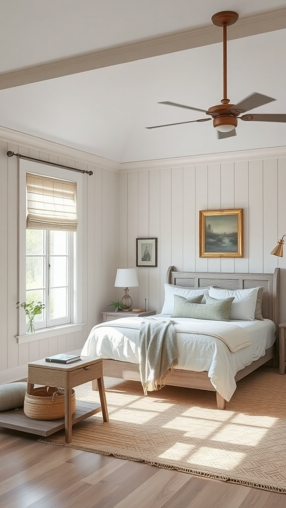 A serene bedroom featuring neutral color palettes, showcasing a cozy rustic design.