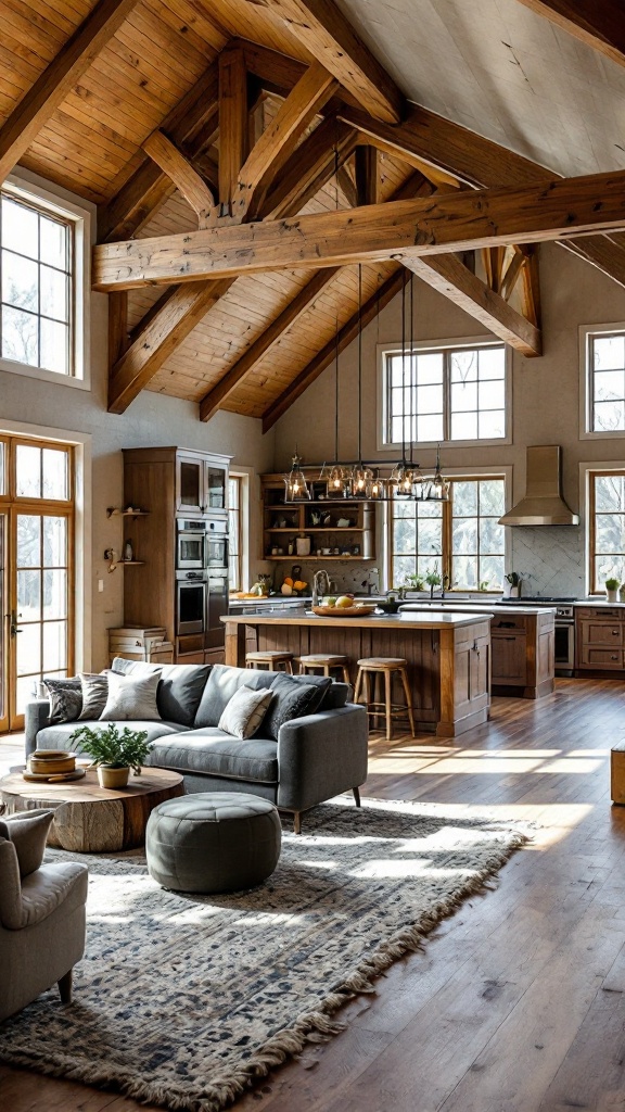 A spacious open concept living room with a rustic design, featuring large windows, wooden beams, and a cozy sectional.