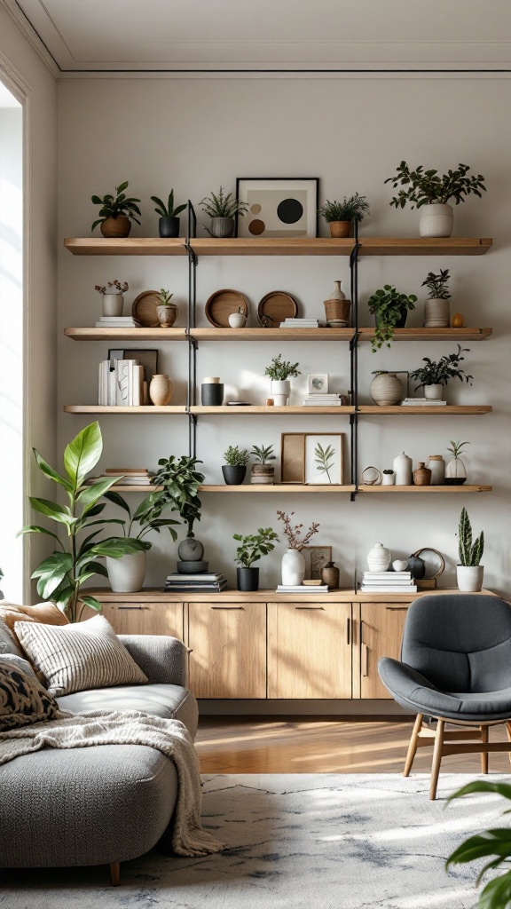 A beautifully arranged open shelving unit displaying plants and decor.