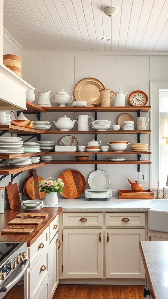 A cozy kitchen with open shelving displaying various dishes and decor items.