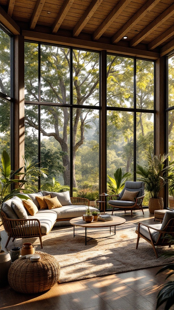 A bright living room featuring large windows with views of trees, comfortable furniture, and a cozy atmosphere.