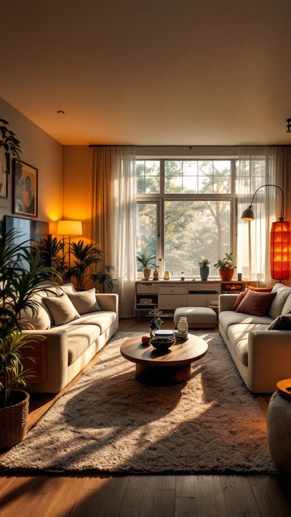 A cozy 80s style living room with oversized furniture, plants, and warm lighting.