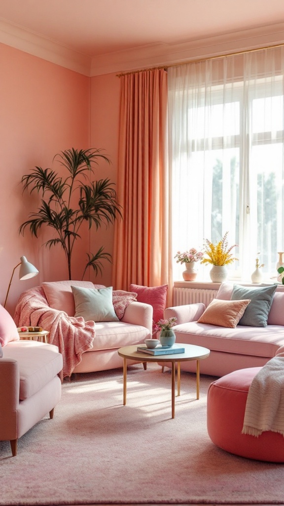 A cozy living room with pastel pink walls, comfortable pink furniture, and a touch of greenery.