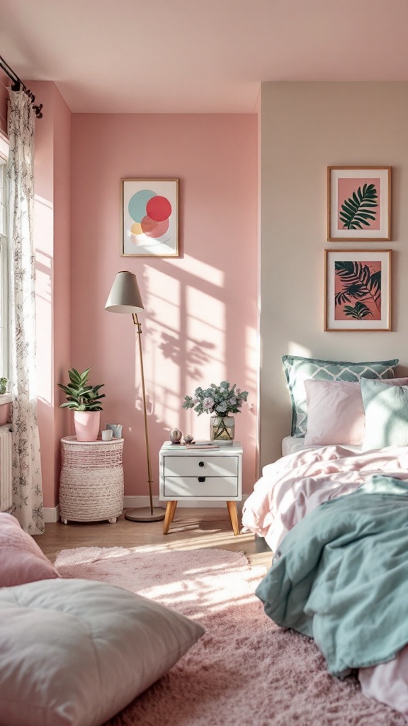 Cozy bedroom featuring pastel colors and retro decor