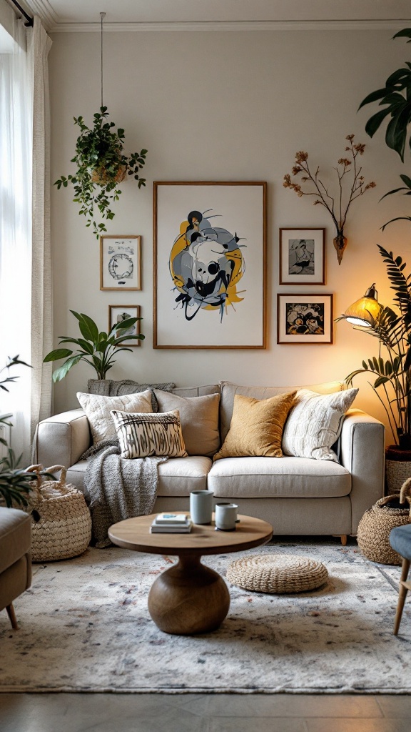 A cozy living room featuring a mix of plants, art, and comfortable furniture in an 80s style.