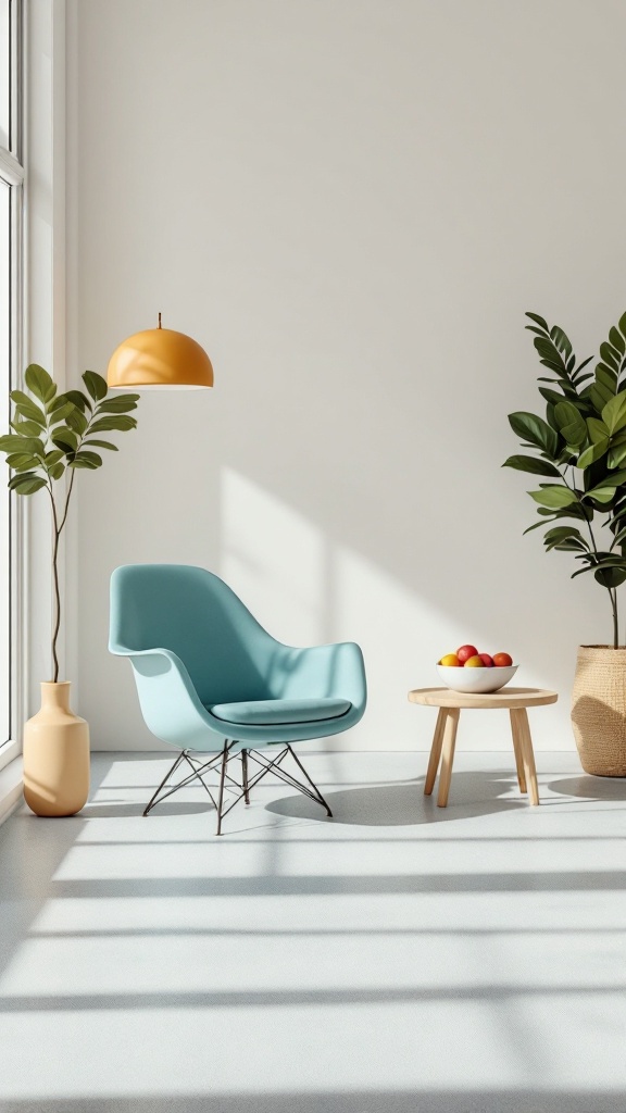 A bright and modern interior featuring a plastic chair and wooden table, showcasing a minimalist decor style.