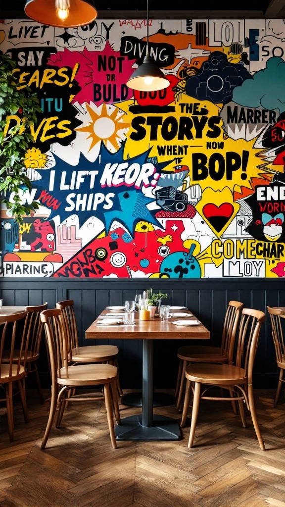 A vibrant pop art wall mural featuring colorful graphics and text, set in a stylish dining area.