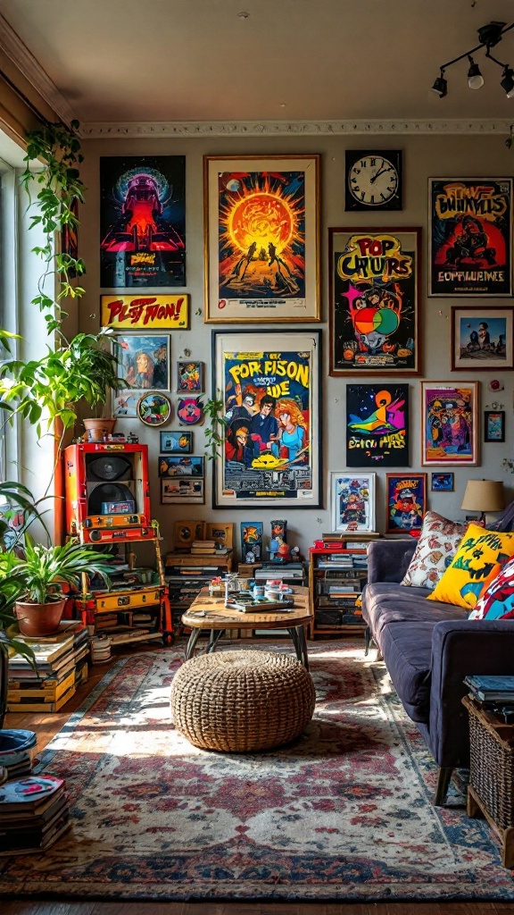 Cozy living room with 1980s pop culture memorabilia and colorful decor.