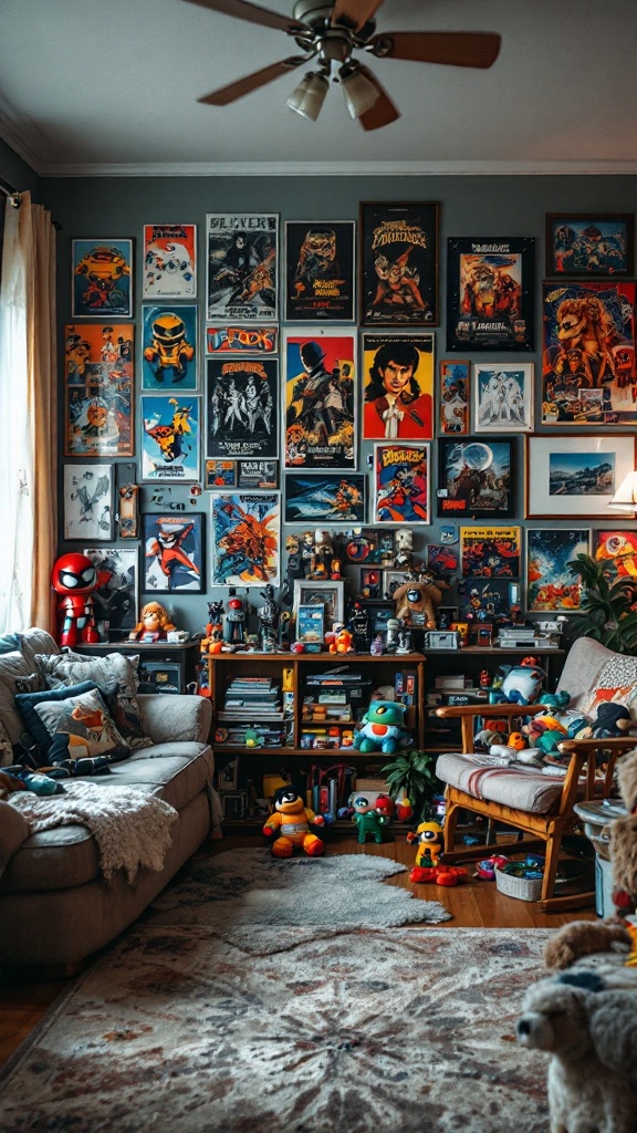 A cozy 80s living room filled with pop culture memorabilia, featuring vintage posters, action figures, and colorful plush toys.