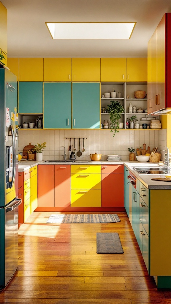 Brightly colored kitchen with yellow, turquoise, and orange cabinets.