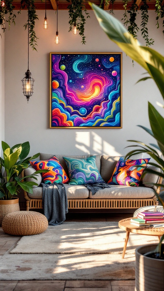 A cozy living room with psychedelic prints on cushions and a painting featuring vibrant colors.