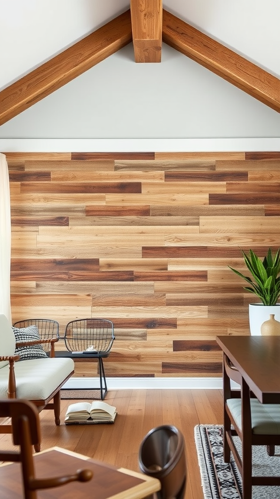 A cozy living room featuring reclaimed barn wood wall and rustic furniture.