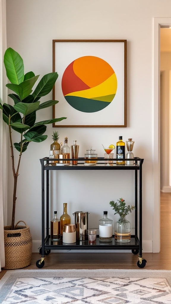 A stylish retro bar cart with various bottles and a vibrant artwork in the background.