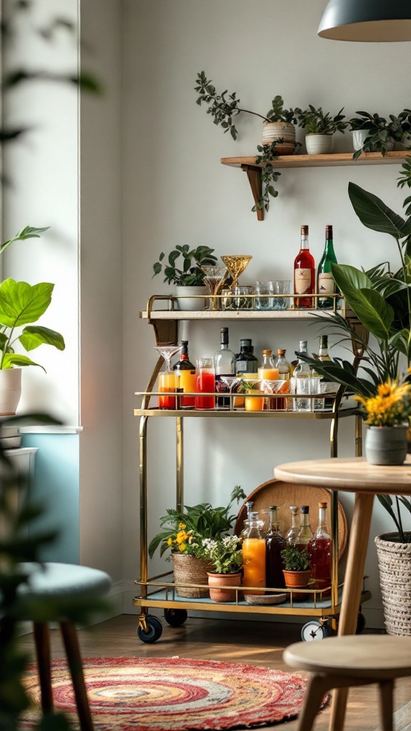 A stylish retro bar cart with various drinks and plants, embodying 80s modern home decor.