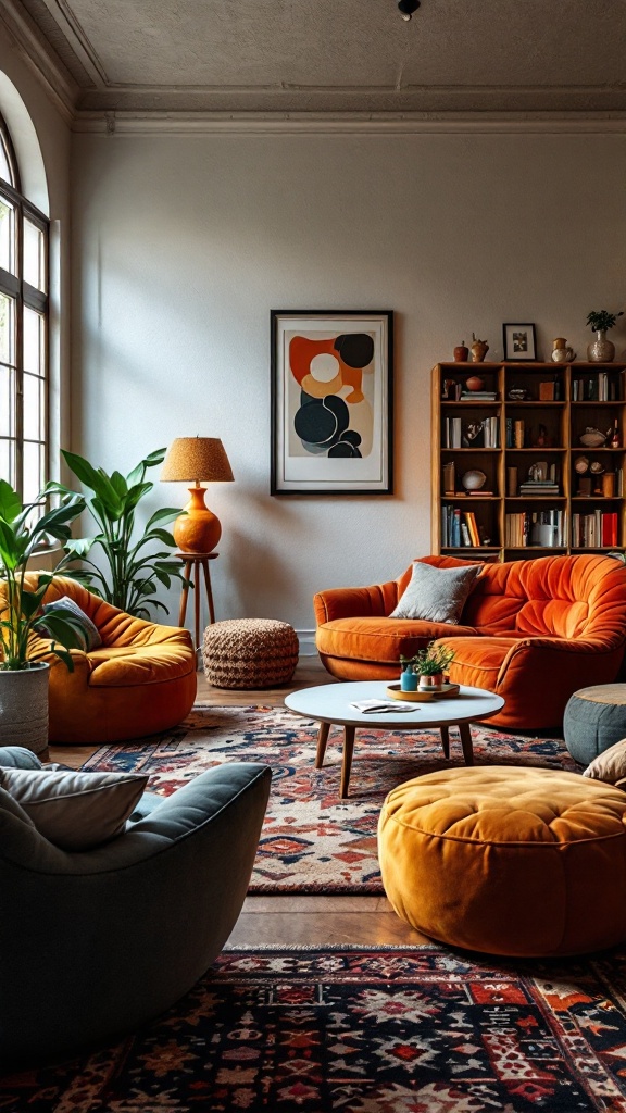 Cozy 80s living room with orange furniture and colorful decor