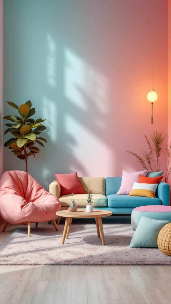 Cozy living room with retro furniture, including colorful sofas and bean bags.