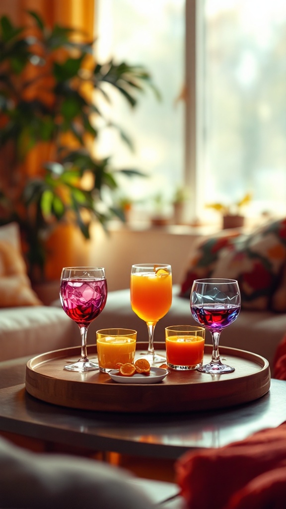 Colorful retro glassware on a wooden tray in a bright living room