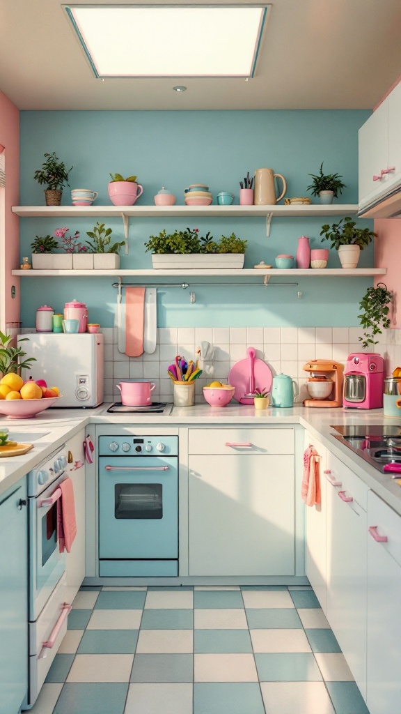 A colorful retro kitchen with pastel appliances and decor.