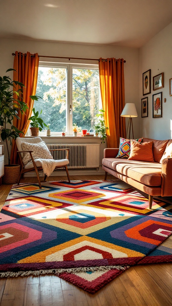 Living room featuring a colorful retro rug with geometric designs.